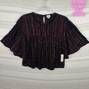 Keep in Touch Black Shiny Multicolor Cropped Blouse Size L NWT